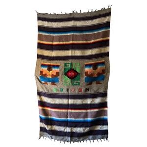 Vintage Mexican Rug Fringe Tapestry Throw Native Tribal Art Aztec Handmade!